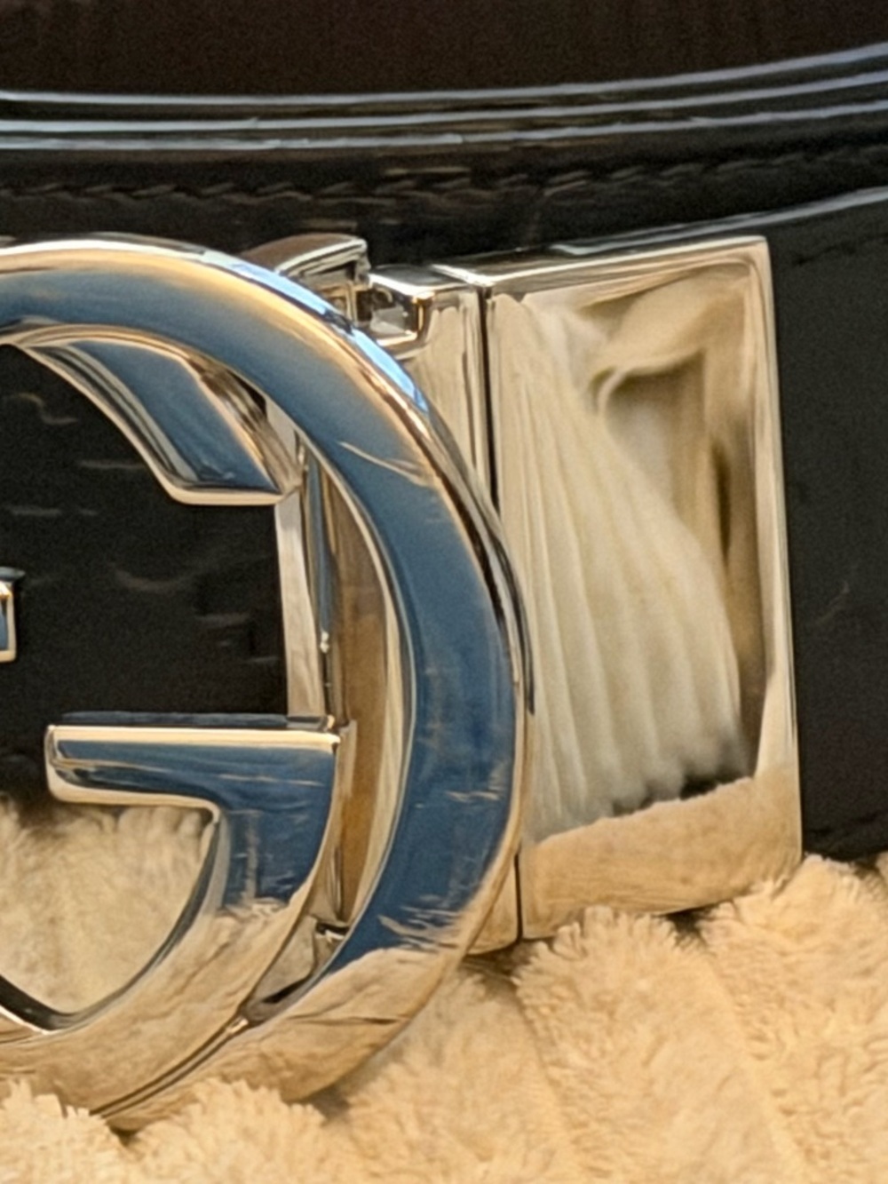 Gucci Men's Black Patent Leather Belt with Silver Double G Buckle